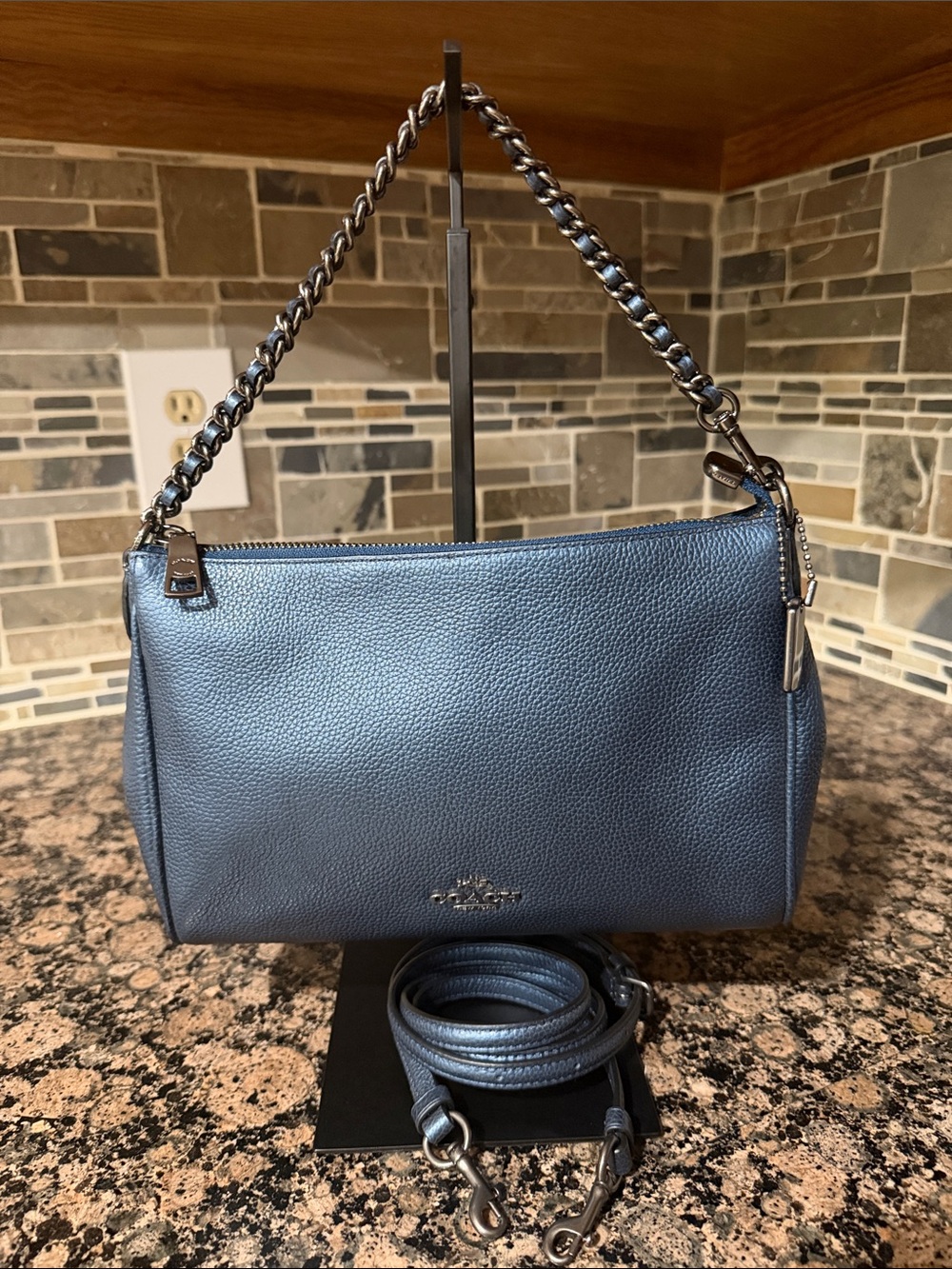 Coach EUC Pebbled Carrie Leather crossbody metallic blue